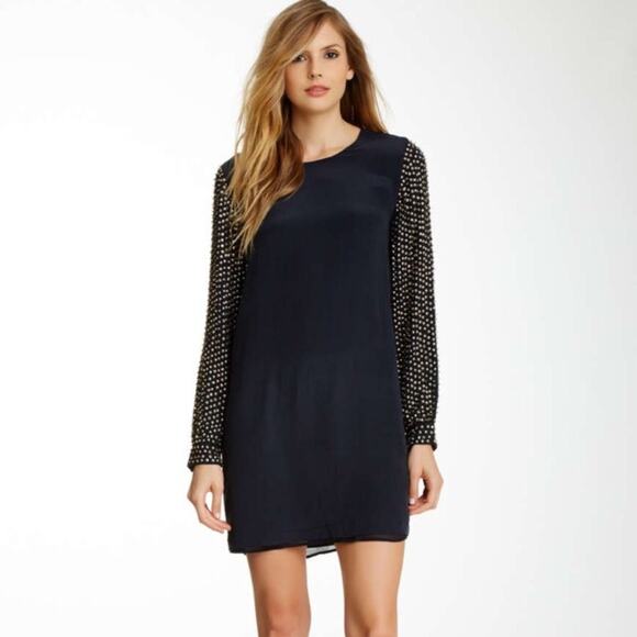 French Connection Womens 100% Silk and Gold Sequin Navy Blue Shift Dress Size 2 - Picture 2 of 8